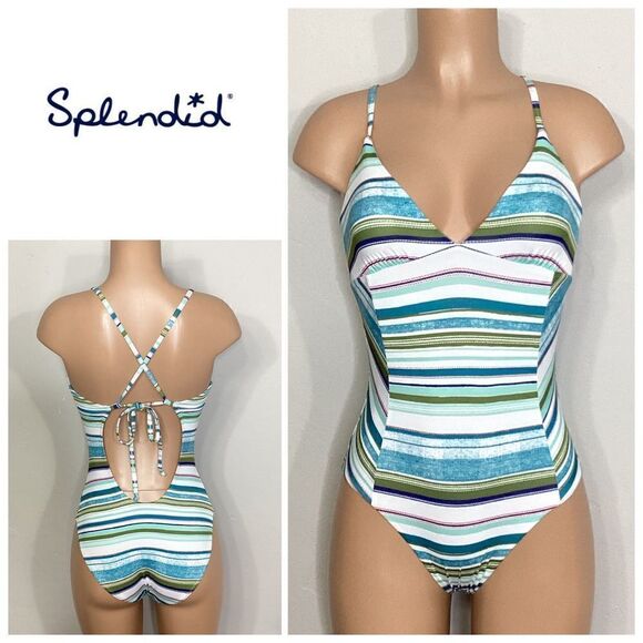 New. Splendid aqua stripe swimsuit. Normally $115 - Picture 1 of 6